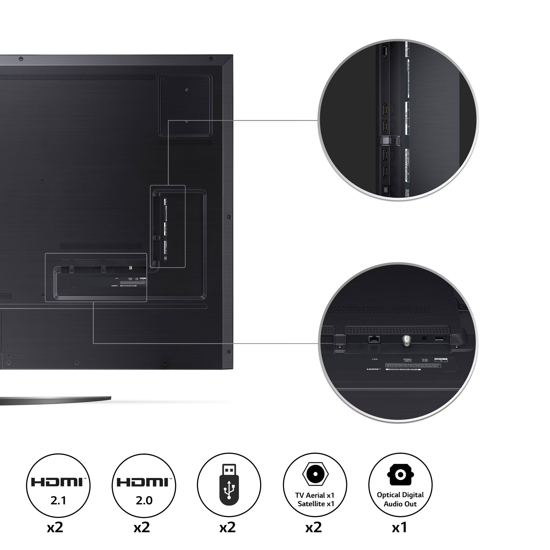 LG 75QNED813QA 4K MiniLED Gaming TV csatlakozók.
