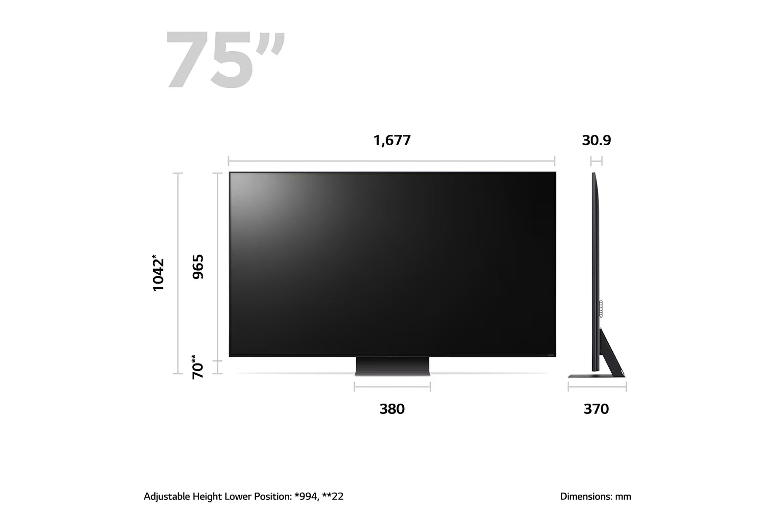 LG 75QNED823RE Televízió méretei mm-ben.