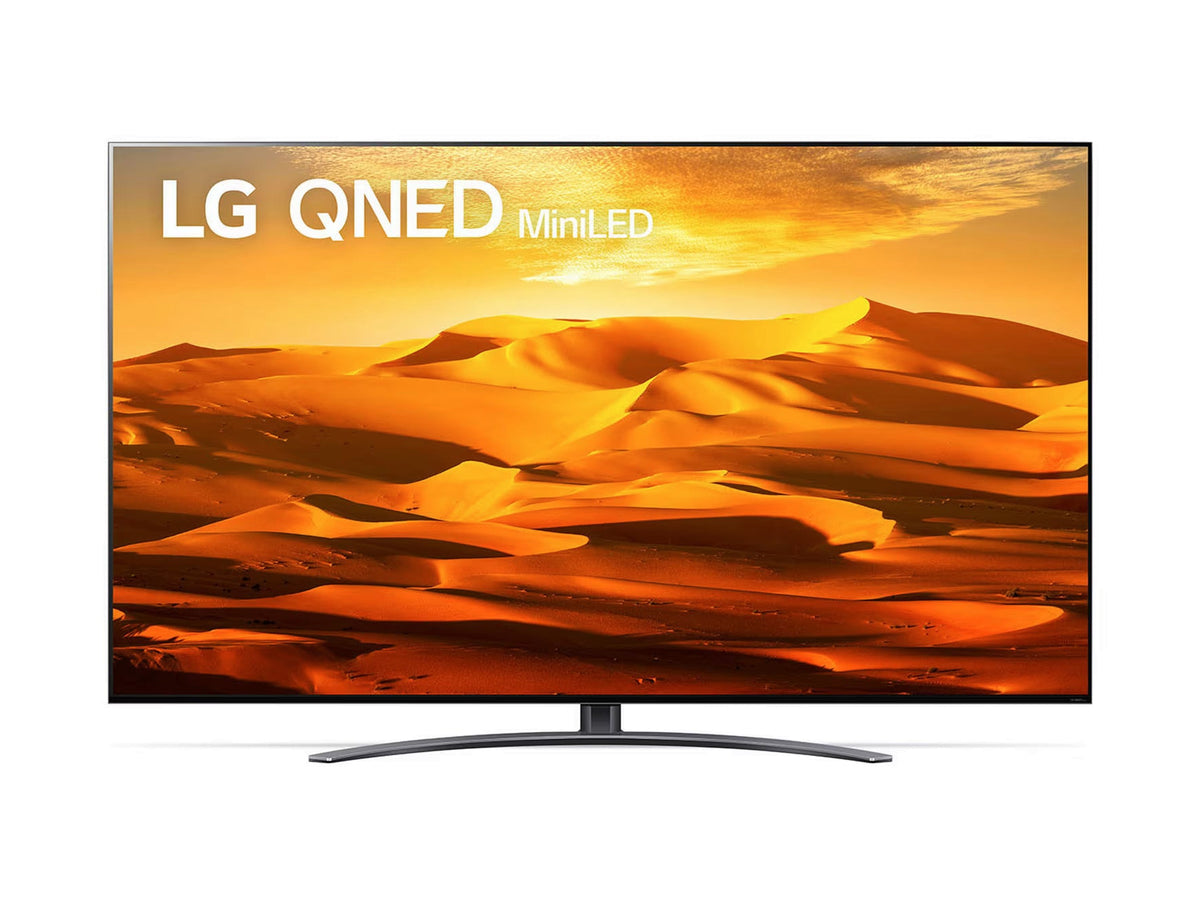 LG 75QNED913QE 4K MiniLED Gaming TV előlnézetben, talpon. A kijelzőn sivatagi tájkép és lg qned miniled logó.