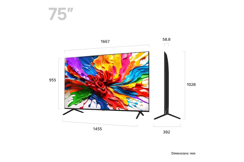 LG 75QNED92A televízió méretei mm-ben.