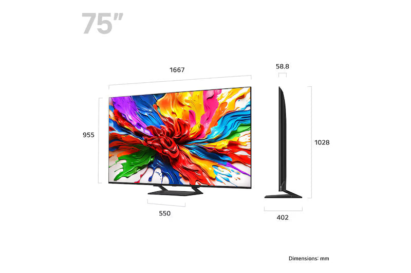 LG 75QNED93A televízió méretei mm-ben.