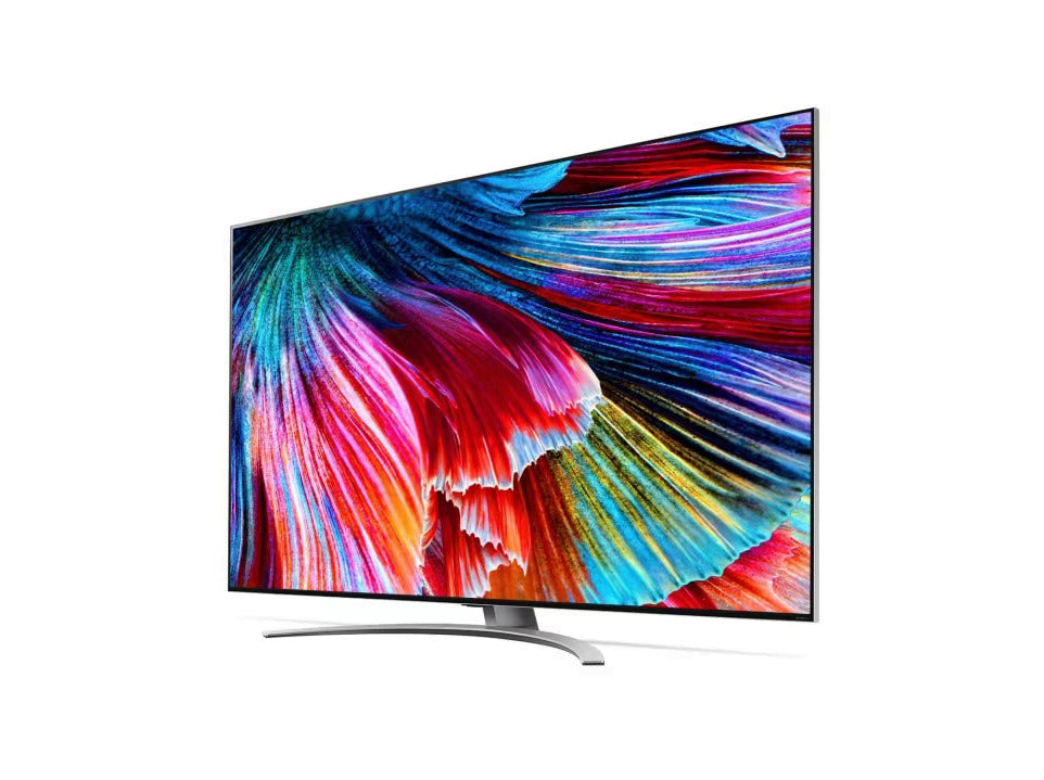 LG 75QNED993PB 8K MiniLED Gaming TV előlnézetben enyhén balra fordítva, talpon. A kijelzőn színes árnyalatok keverednek.