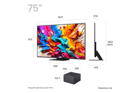 LG 75QNED9MA3B Televízió és a Zero connect box méretei.