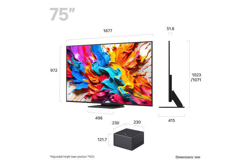 LG 75QNED9MA3B Televízió és a Zero connect box méretei.
