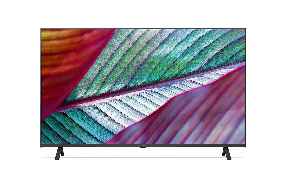 LG 75UR7800 4K Smart TV előlnézetben talpon, enyhén balra fordítva. A kijelzőn lilás zöld növényi levél.