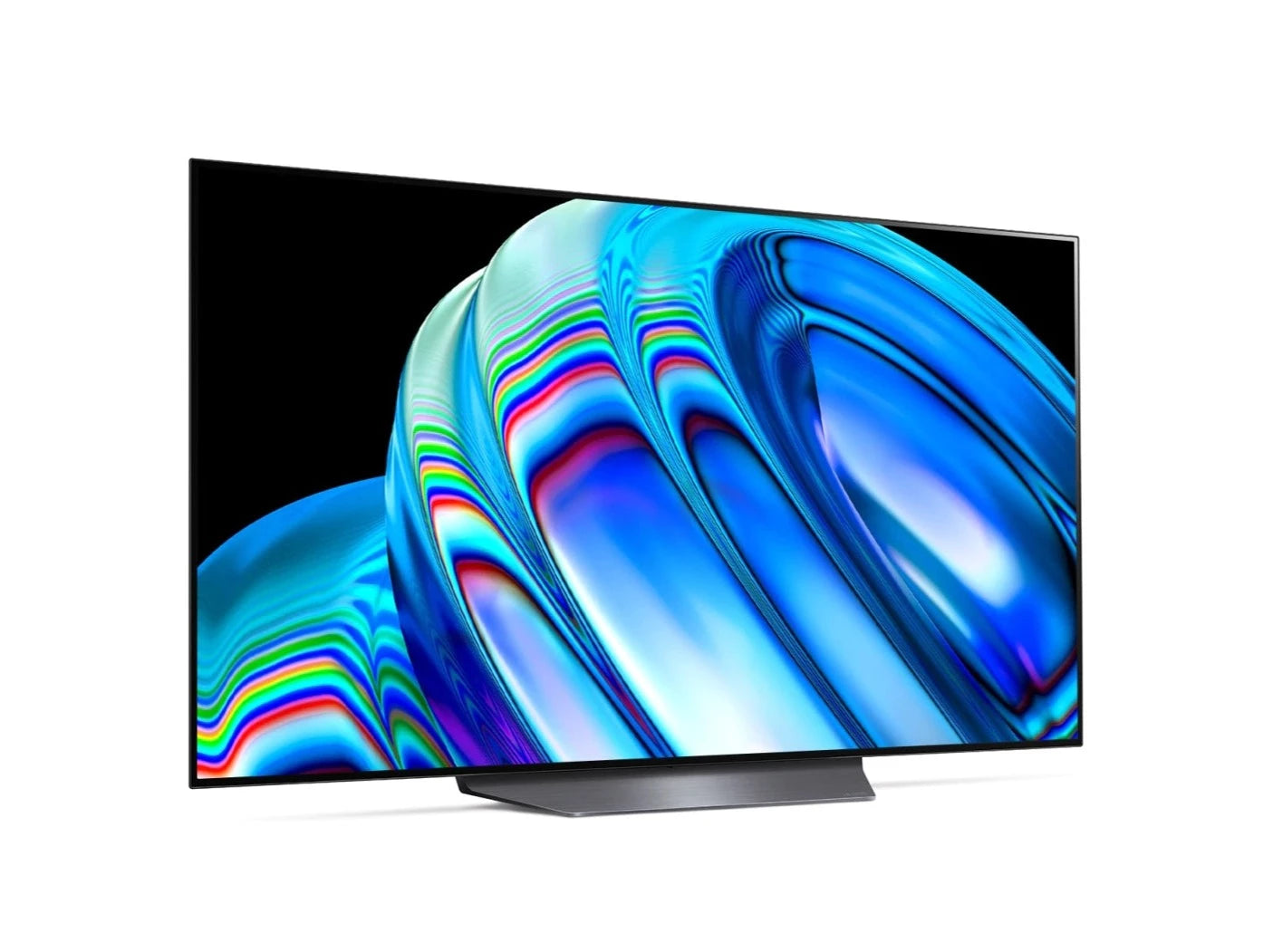 LG 77B2 OLED televízió előlnézetben enyhén jobbra fordítva talpon, a kijelzőn metál kék absztrakt ábra.