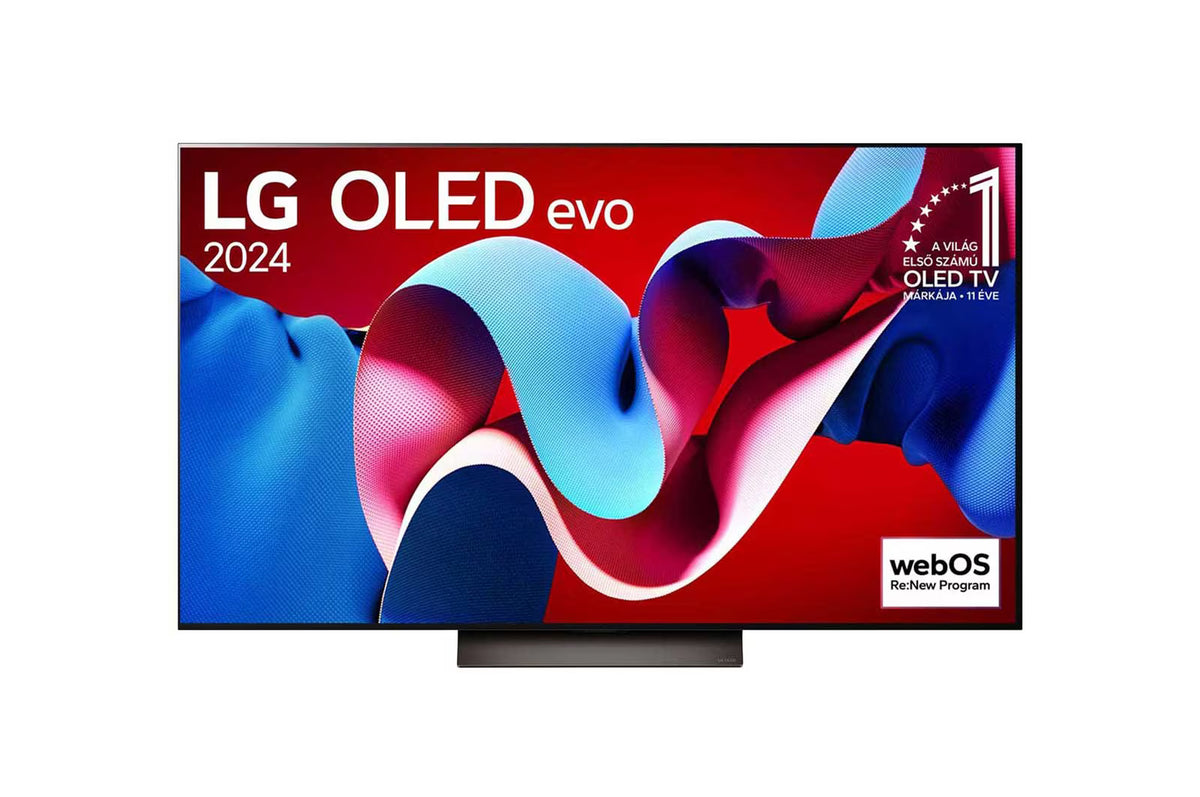 LG 77C4 OLED Televízió előlnézetben talpon. A kijelzőn kékes piros absztakrt ábra.