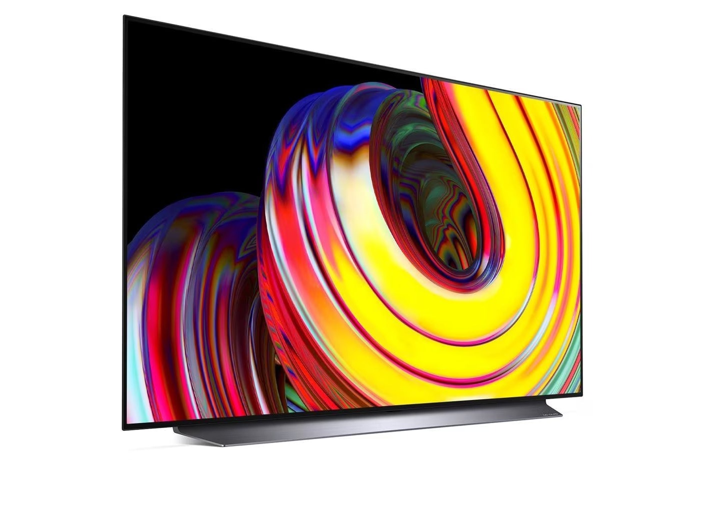 LG 77CS oled televízió talpon, jobbra fodítva lilás sárga árnyalatú absztrakt ábra a kijelzőn.