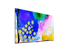 LG 77G2 OLED evo televízió előlnézetben jobbra fordítva, a kijelzőn színes festmény.