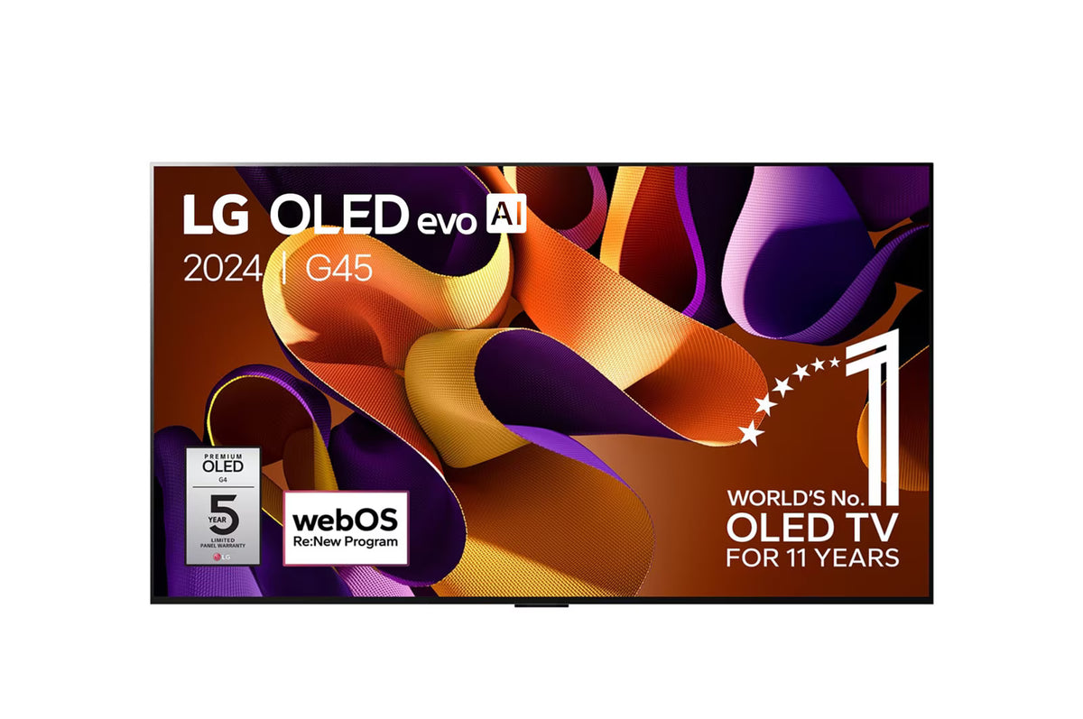 LG 77G4 OLED Televízió előlnézetben. A kijelzőn lilás sárga absztakrt ábra lg logókkal.