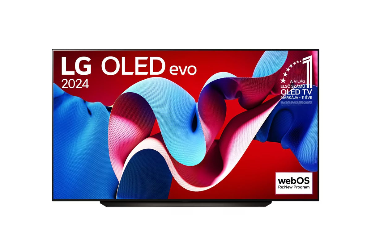 LG 83C4 OLED Televízió előlnézetben talpon. A kijelzőn kékes piros absztakrt ábra.