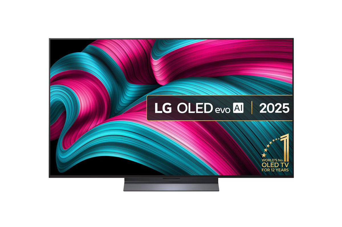 LG 83C5 OLED Televízió előlnézetben, talpon. A kijelzőn lg oled evo avi logó és 12 éve az első számú gyártó.