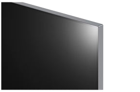 LG 83M4 OLED televízió szupervékony fém kávája közelről.