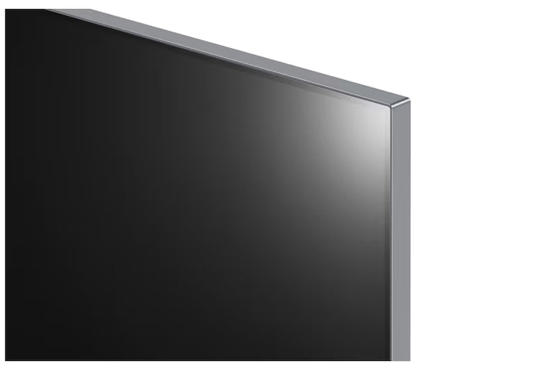 LG 83M4 OLED televízió szupervékony fém kávája közelről.