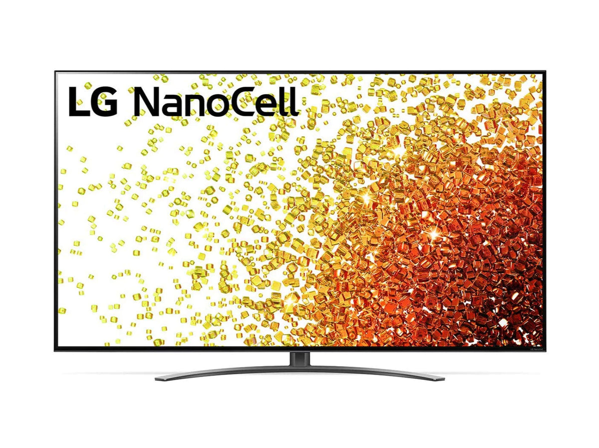 LG 86NANO923PB NanoCell 4K Smart TV előlnézetben, talpon. A kijelzőn sárgás piros drága kövek szétszórva és lg nanocell logó.