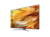 LG 86QNED913PA 4K MiniLED Gaming TV előlnézetben enyhén balra fordítva, talpon. A kijelzőn sárgás árnyalatok keverednek.