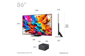 LG 86QNED9MA3B Televízió és a Zero Connect Box méretei.