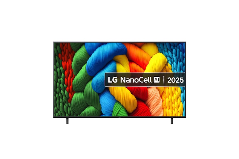 LG 50NANO80A televízió előlnézetben talpon. A kijelzőn színes fonott kötelek és lg nanocell ai logó.