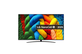 LG 50NANO81A televízió előlnézetben talpon. A kijelzőn színes fonott kötelek és lg nanocell ai logó.
