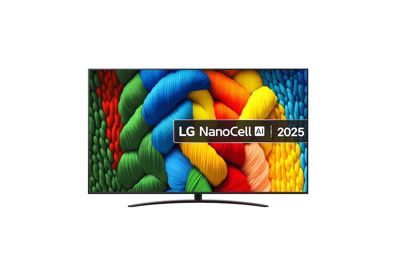 LG 50NANO81A televízió előlnézetben talpon. A kijelzőn színes fonott kötelek és lg nanocell ai logó.