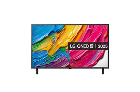 LG 50QNED80A televízió előlnézezben talpon. A kijelzön színes festék kenet és lg qned ai logó.