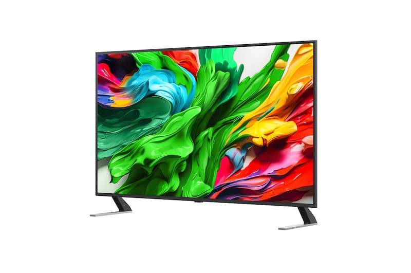 LG 55QNED85A televízió előlnézetben talpon, enyhén balra fordítva. A kijelzőn színes festékek kavarognak.