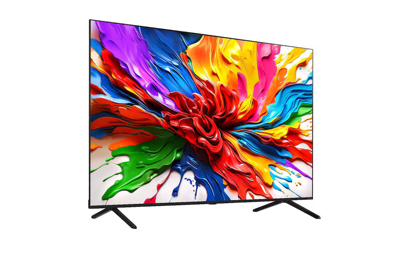 LG 65QNED92A televízió előlnézetben talpon, enyhén balra fordítva. A kijelzőn színes festék keverék.