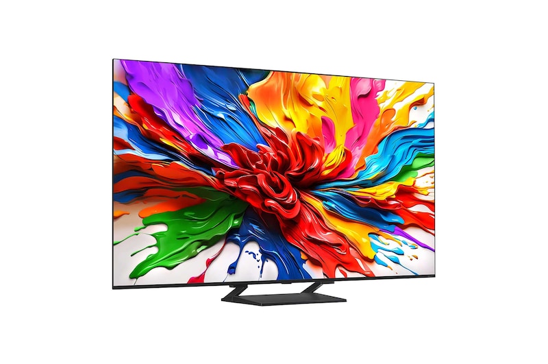LG 65QNED93A televízió előlnézetben talpon, enyhén balra fordítva. A kijelzőn színes festék keverék.