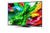 LG 65QNED9MA3B televízió előlnézetben talpon, enyhén balra fordítva. A kijelzőn zöldes piros festékek kavarognak.