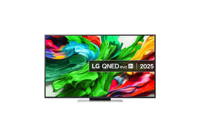 LG 75QNED9MA3B televízió előlnézetben talpon, enyhén balra fordítva. A kijelzőn LG QNED evo ai logó és színes festékek kavarognak.