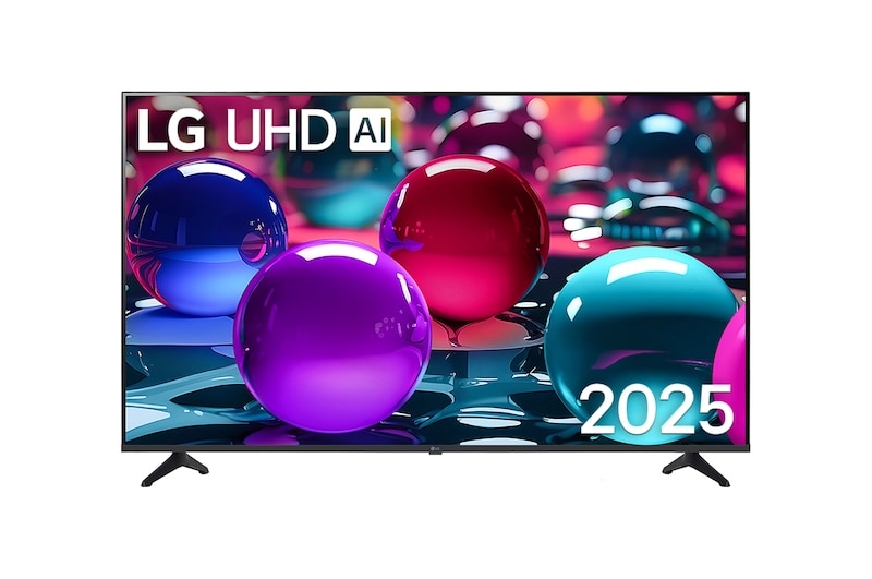 LG UA7300 szériás Smart televízió előlnézetben talpon. A kijelzőn kék, piros és lila gömbök és LG UHD AI logó.