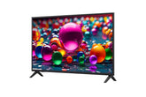 LG UA7400 szériás Smart televízió előlnézetben talpon, enyhén balra fordítva. A kijelzőn színes gömbök szétszórva.
