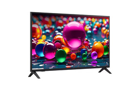LG UA7400 szériás Smart televízió előlnézetben talpon, enyhén jobbra fordítva. A kijelzőn színes gömbök szétszórva.