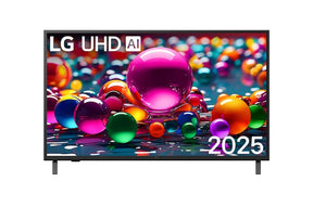 LG UA7400 szériás Smart televízió előlnézetben talpon. A kijelzőn színes gömbök szétszórva és LG UHD AI logó.
