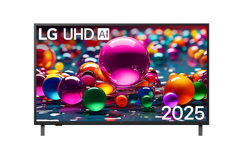 LG UA7400 szériás Smart televízió előlnézetben talpon. A kijelzőn színes gömbök szétszórva és LG UHD AI logó.
