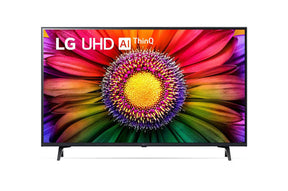 LG 50UR8000 4K Smart TV előlnézetben talpon. A kjielzőn élénk színes virág és lg uhd thinq ai logó.