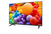 LG UT73003LA Smart televízió előlnézetben talpon, enyhén balra fordítva. A képernyőn élénk színes gömbök.