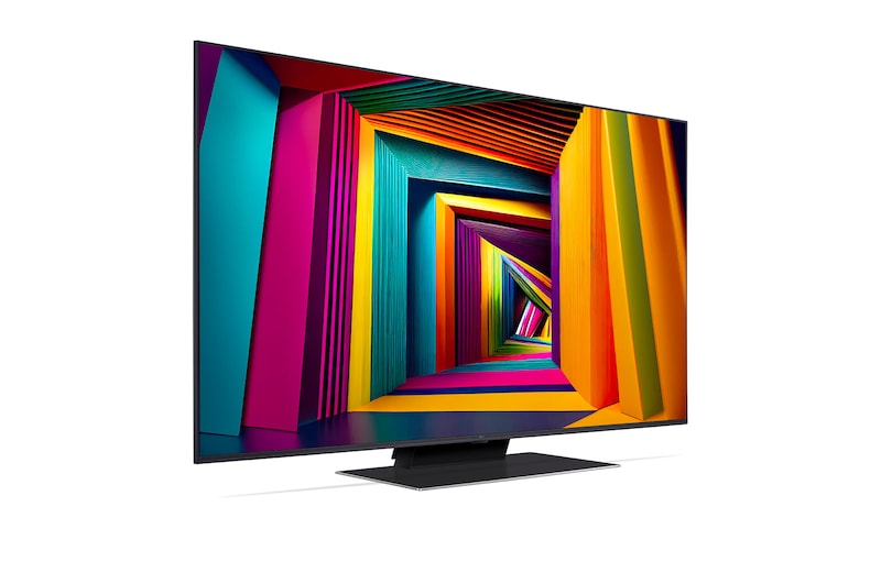 LG 50UT9100 televízió előlnézetben talpon, enyhén jobbra fordítva. A kijelzőn több színű absztrakt fotó.