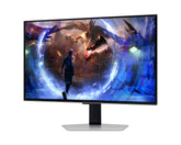 Samsung S27DG600SU Monitor előlnézetben talpon, enyhén balra fordítva. A kijelzőn egy portalon áthaladó gaming karakter és sárkány.