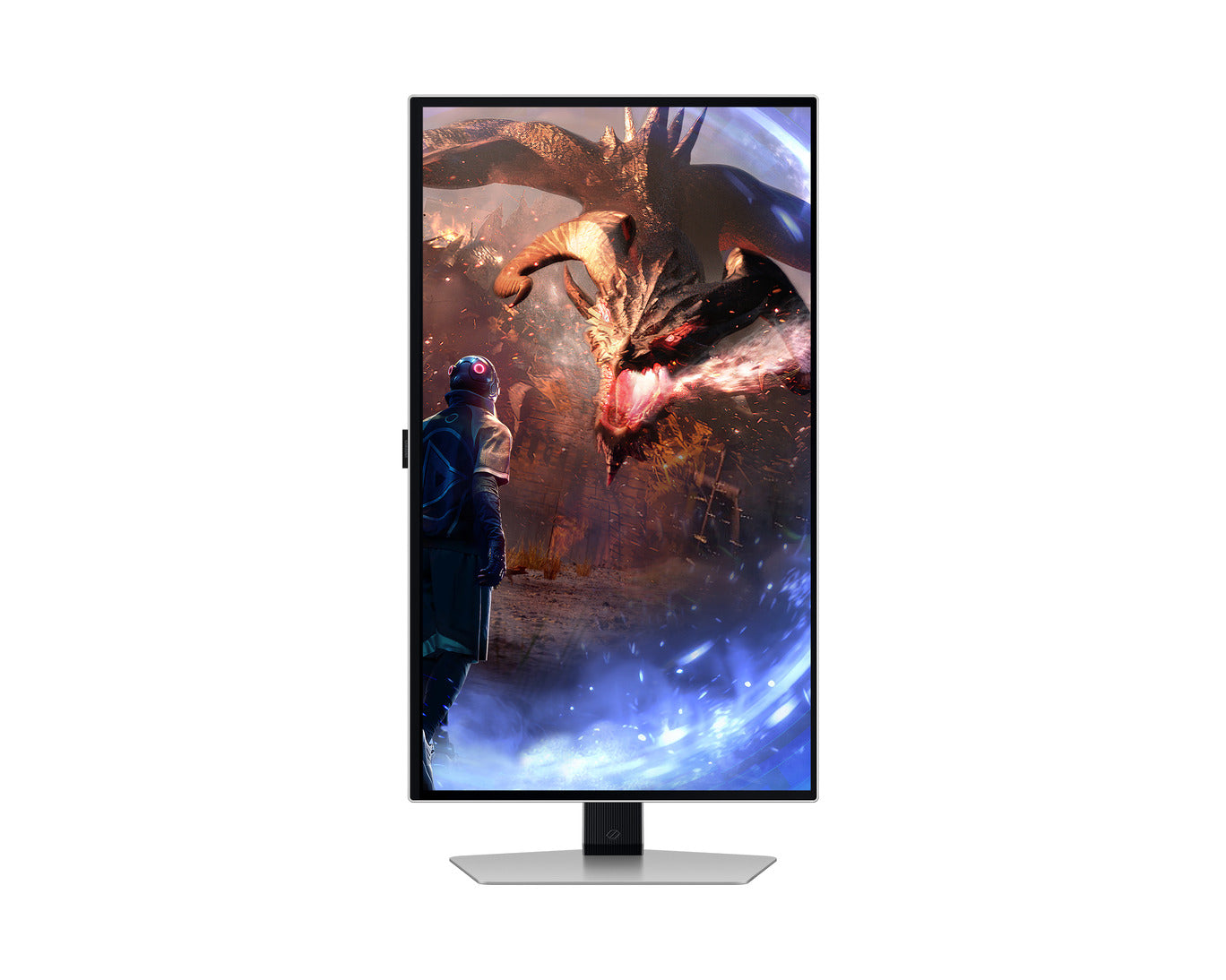Samsung S27DG600SU Monitor előlnézetben talpon, pivot módban elforgatva.