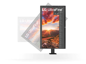 LG 27" UltraFine 4K UHD FreeSync HDR IPS Monitor előlnézet elforgatva asztalra rögzítve, 27UN880-B