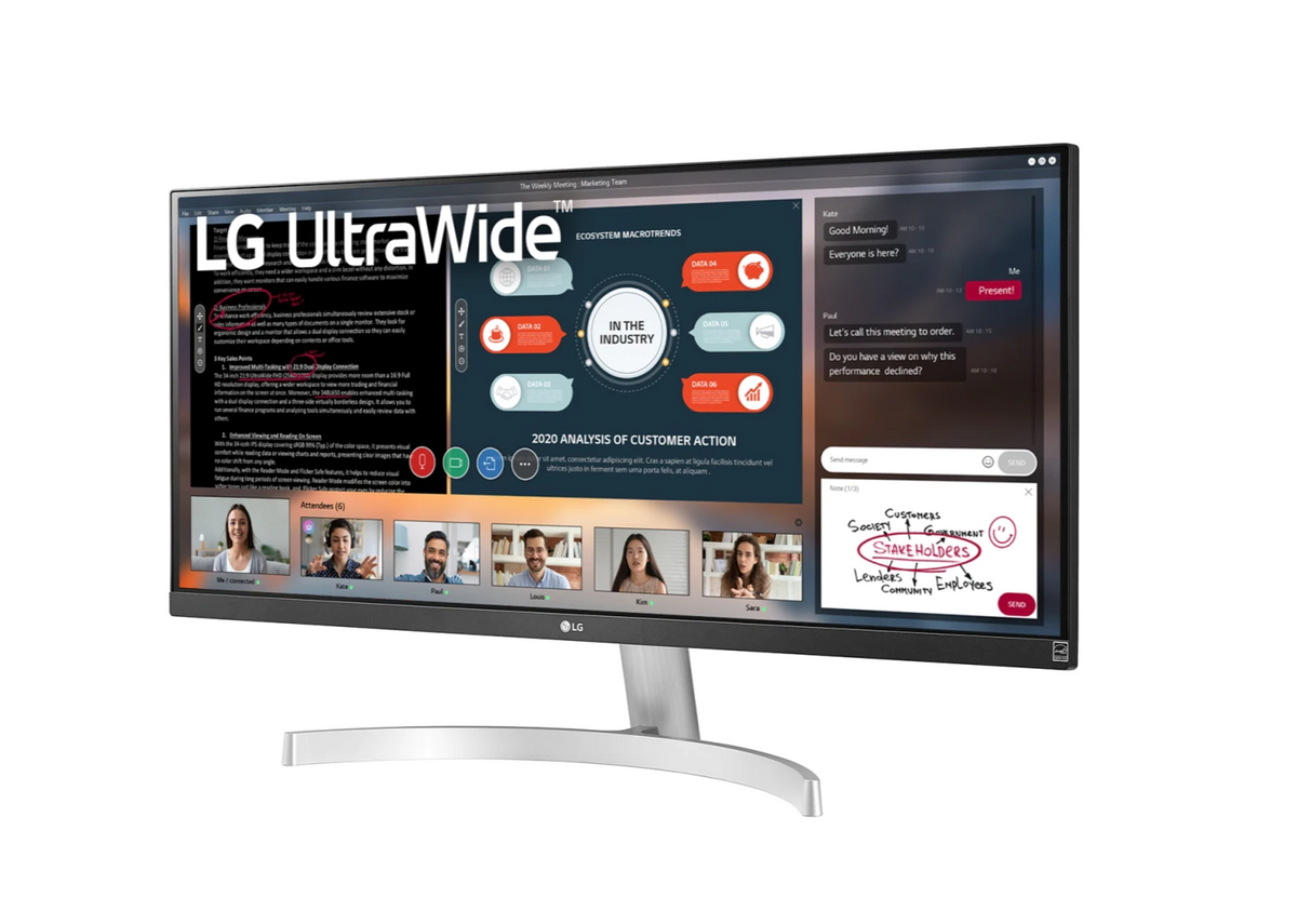 LG 29" UltraWide 21:9 FHD 75Hz FreeSync HDR IPS Monitor előlnézet enyhén balra fordítva, 29WN600-W
