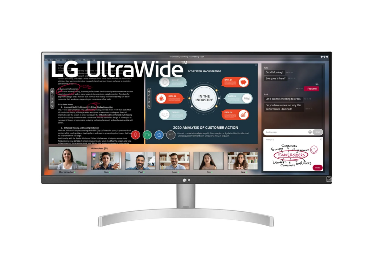 LG 29" UltraWide 21:9 FHD 75Hz FreeSync HDR IPS Monitor előlnézet több ablakos munkamenettel, 29WN600-W