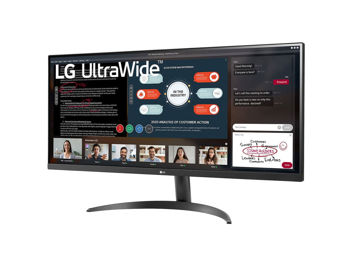 LG 29" UltraWide 21:9 FHD 75Hz FreeSync HDR IPS Monitor előlnézet enyhén balra fordítva, 29WP500-B