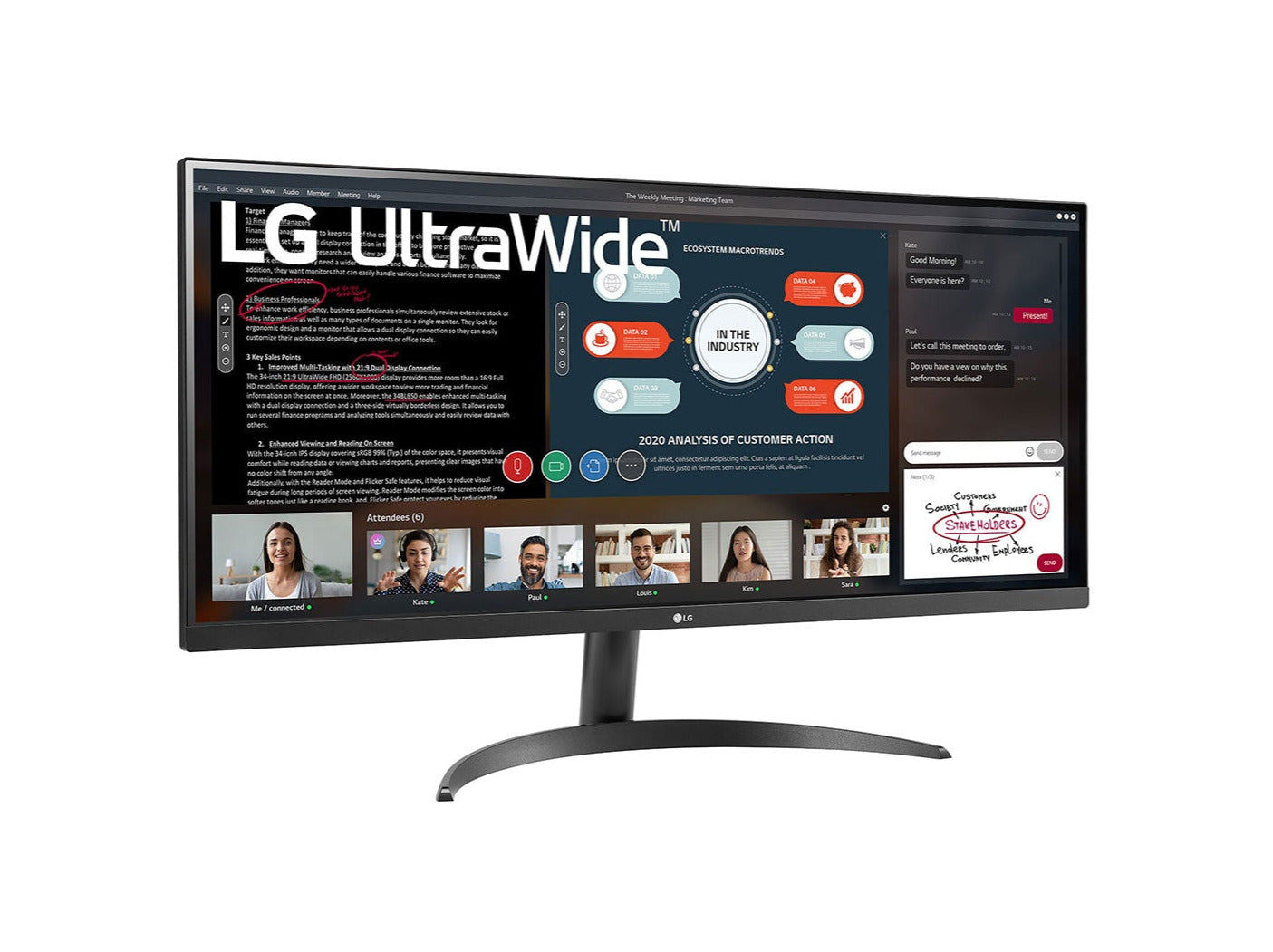 LG 29" UltraWide 21:9 FHD 75Hz FreeSync HDR IPS Monitor előlnézet enyhén jobbra fordítva, 29WP500-B