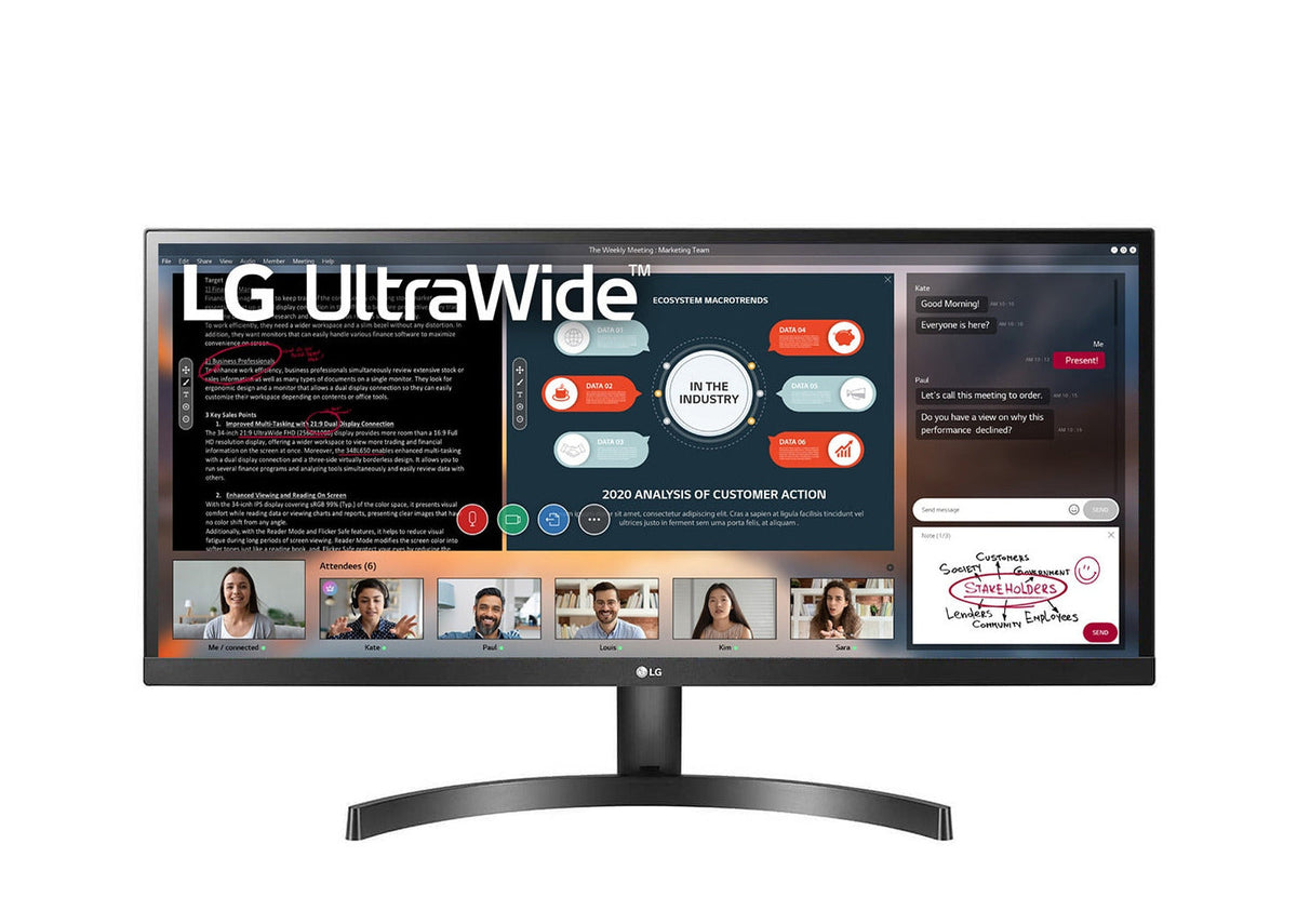 LG 34" UltraWide FHD 75Hz FreeSync HDR IPS Monitor előlnézet több ablakos munkamenettel, 34WL500-B
