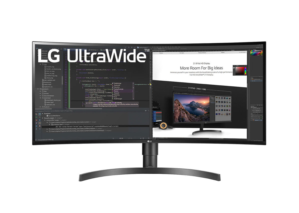 LG 34" Ívelt UltraWide 2K WQHD FreeSync HDR IPS Monitor előlnézet photoshop illusztrációval 34WN80C-B