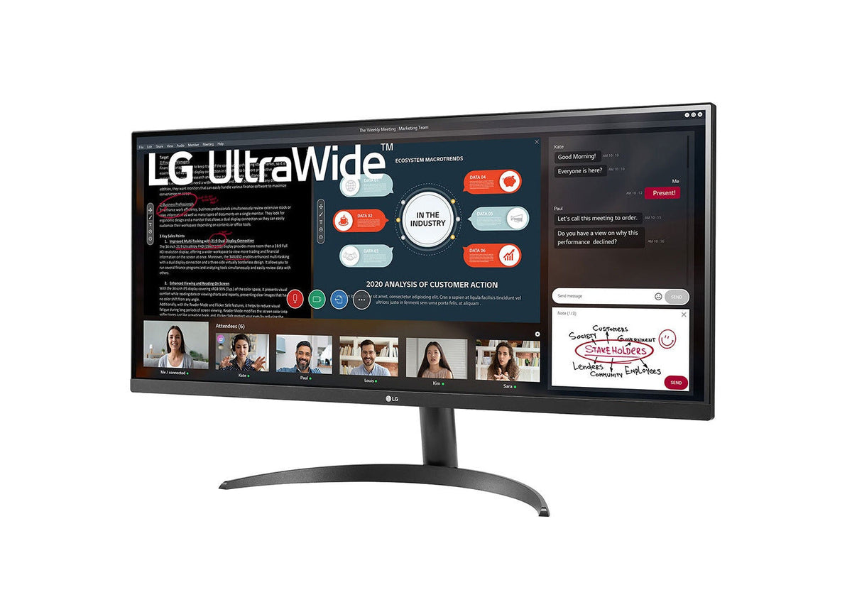 LG 34" UltraWide FHD 75Hz FreeSync HDR IPS LED Monitor előlnézet enyhén balra fordítva, 34WP500-B