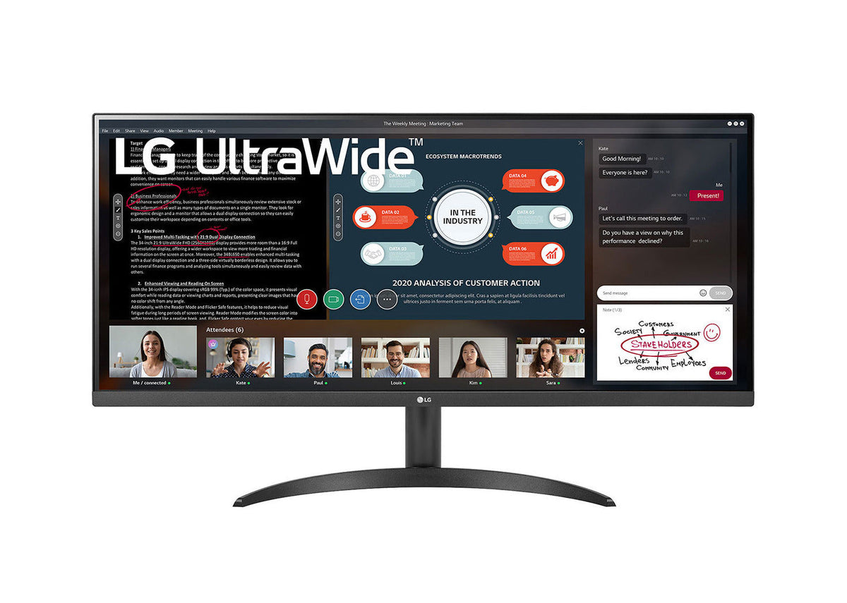 LG 34" UltraWide FHD 75Hz FreeSync HDR IPS LED Monitor előlnézet több ablakos munkamenettel, 34WP500-B
