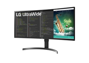 LG 35" Ívelt UltraWide 2K WQHD 100Hz FreeSync HDR VA Paneles Monitor előlnézet enyhén balra fordítva, 35WN65C-B